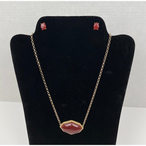 Mia Collection Goldtone Necklace and Earrings Jewelry Set Burgundy Pendant 9 in - Picture 8 of 11